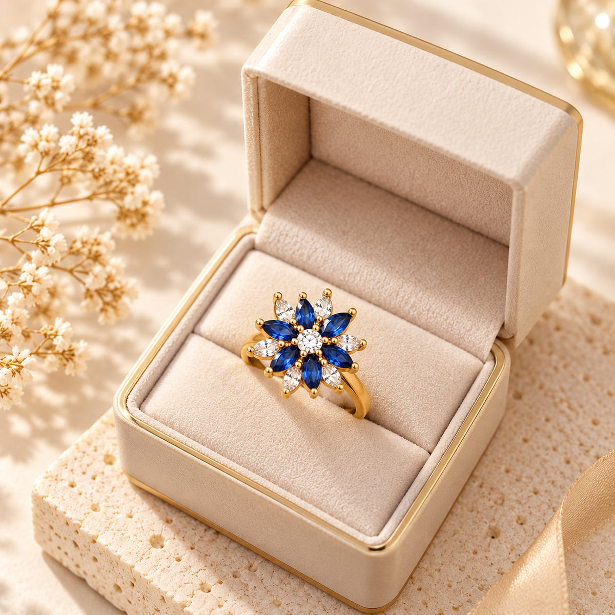 Blue Floral Anti-Tarnish Gold Ring