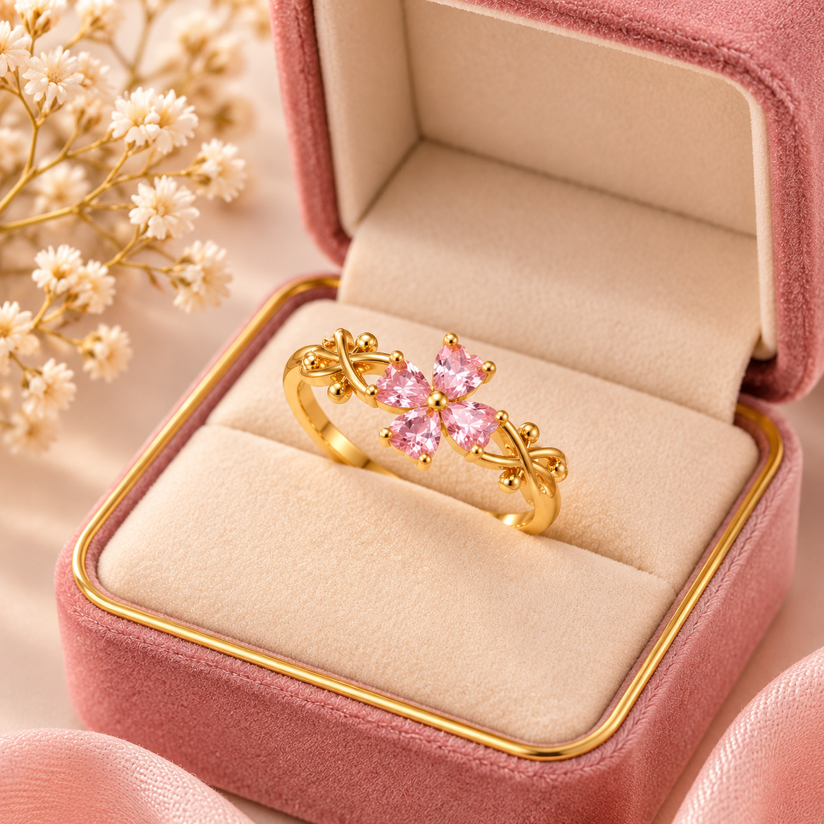 Pink Floral Anti-Tarnish Gold Ring