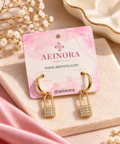 Golden Lock Charm Hoop Earrings