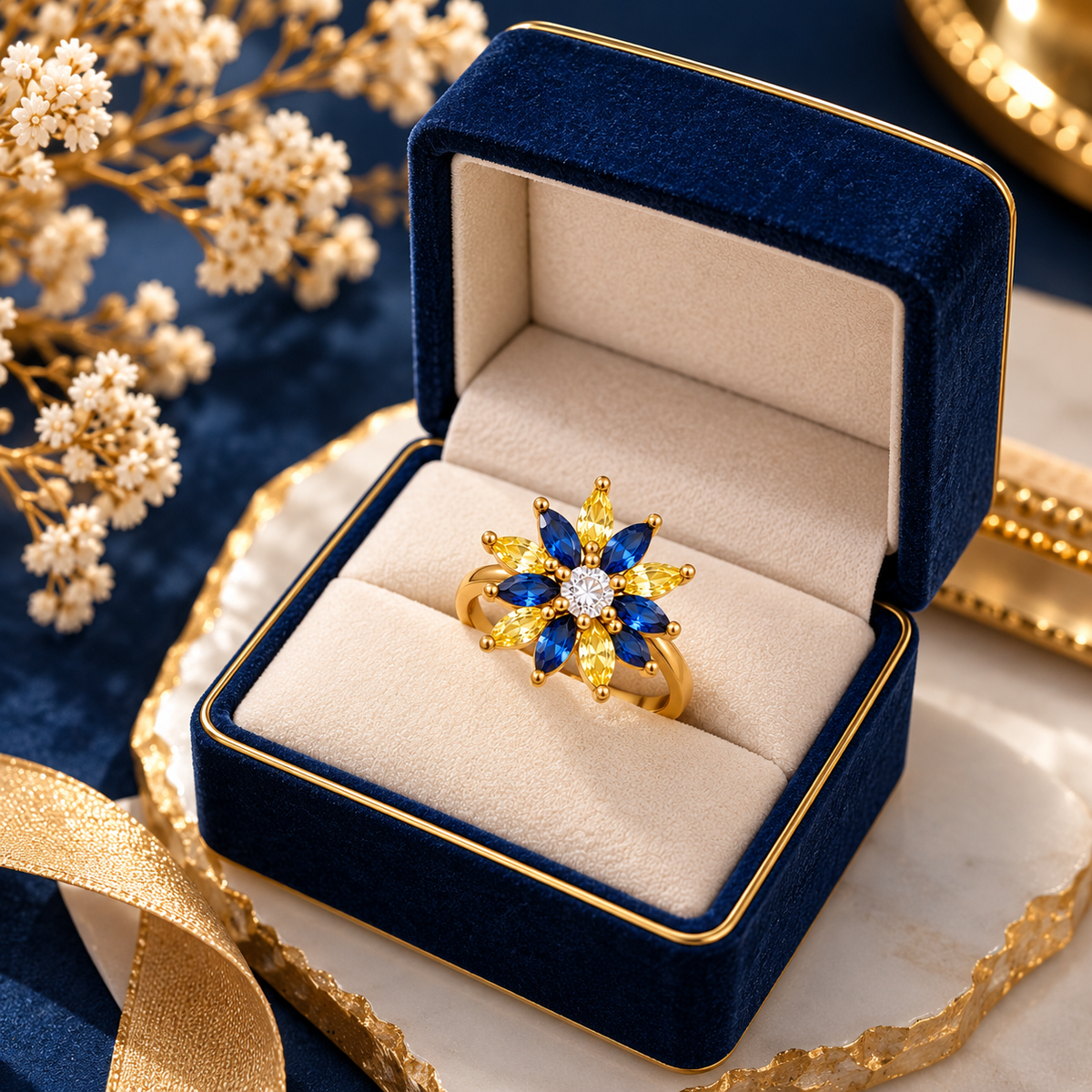 Blue & Yellow Floral Anti-Tarnish Gold Ring