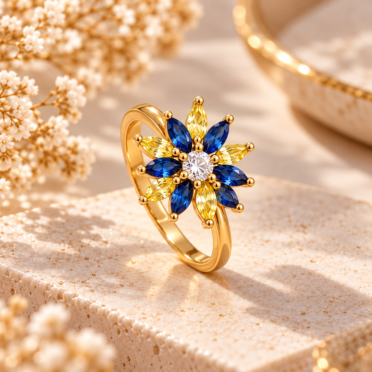 Blue & Yellow Floral Anti-Tarnish Gold Ring