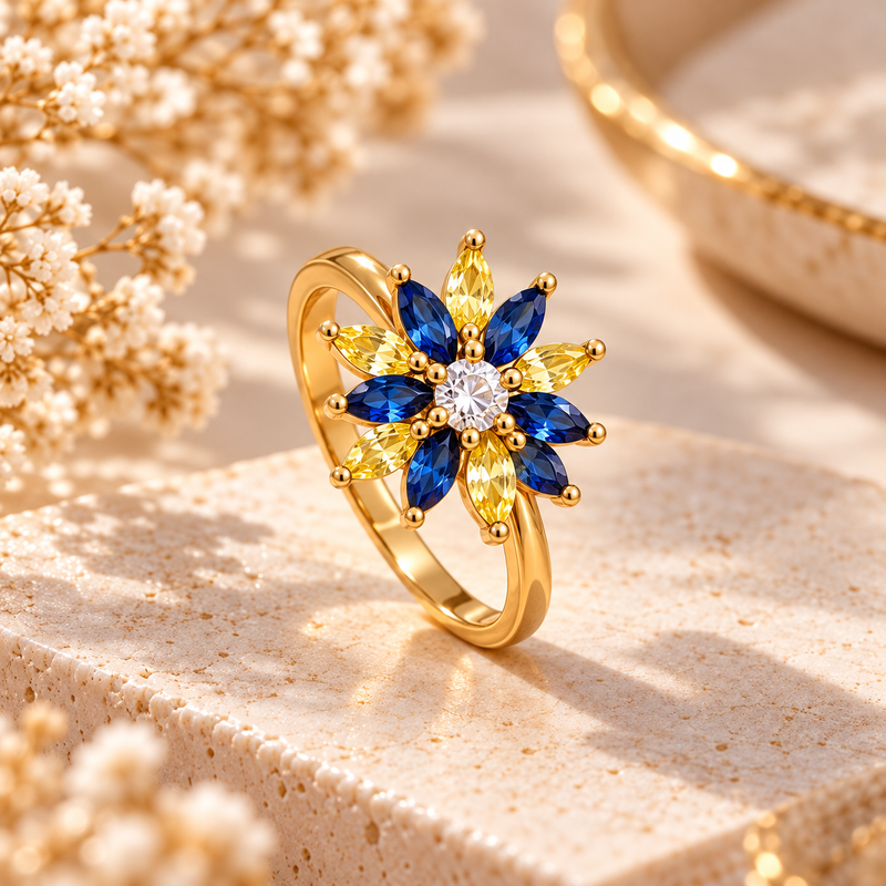 Blue & Yellow Floral Anti-Tarnish Gold Ring