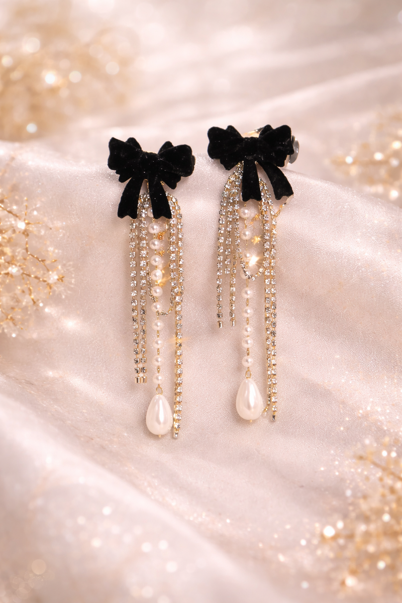 Noir Bow Pearl Tassel Earrings