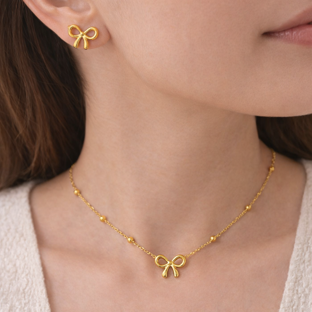 Golden Bow Bead Chain Necklace & Stud Set