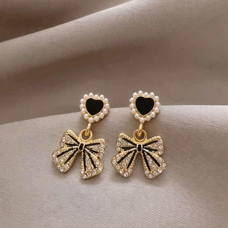 Midnight Bow Heart Drop Earrings