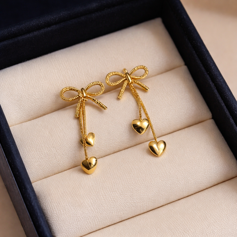 Golden Bow Heart Tassel Earrings