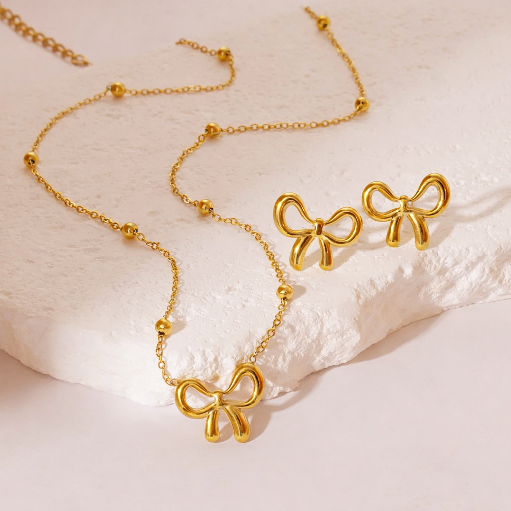 Golden Bow Bead Chain Necklace & Stud Set
