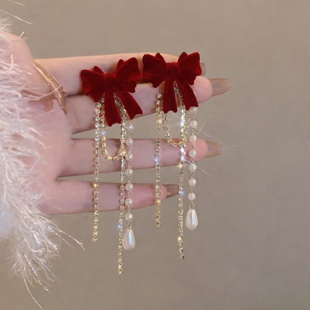 Crimson Bow Pearl Tassel Earrings