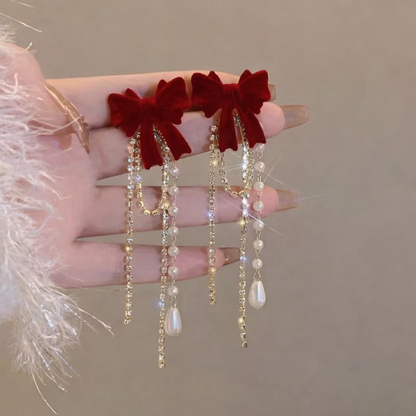 Crimson Bow Pearl Tassel Earrings