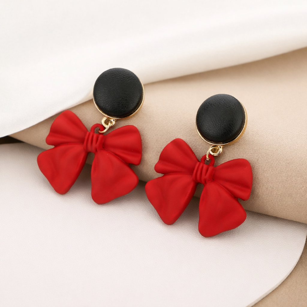 Scarlet Bow Charm Stud Earrings