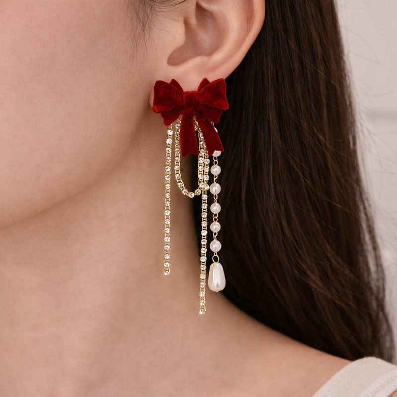 Crimson Bow Pearl Tassel Earrings