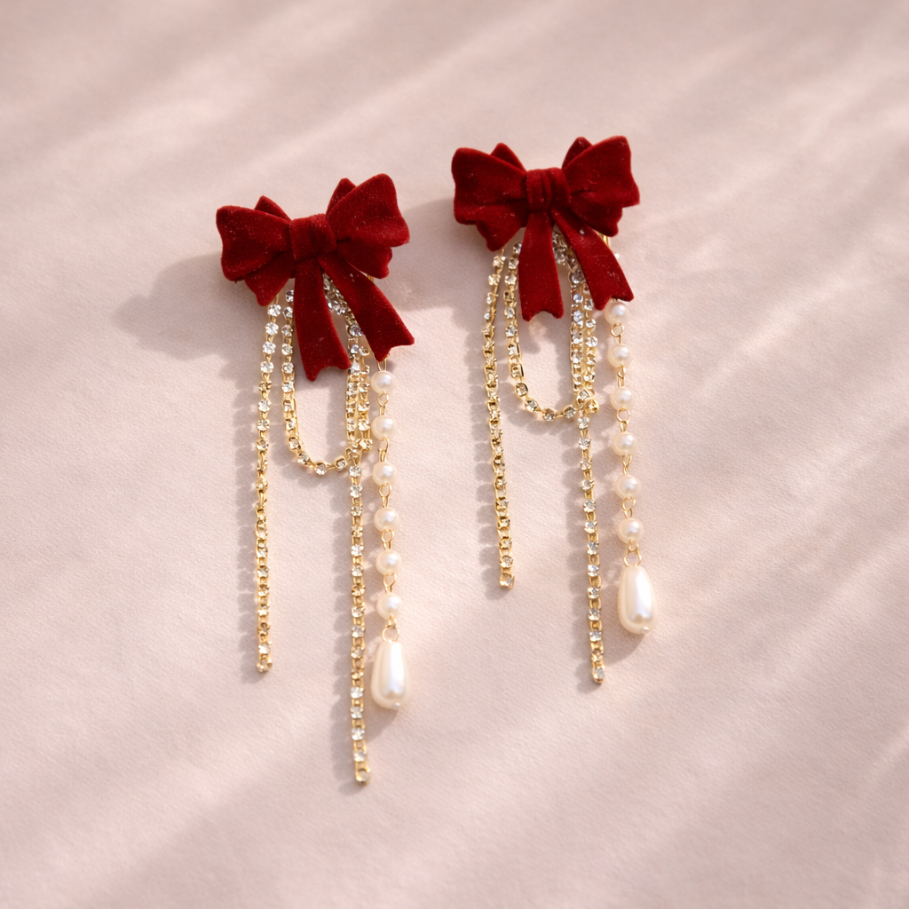 Crimson Bow Pearl Tassel Earrings