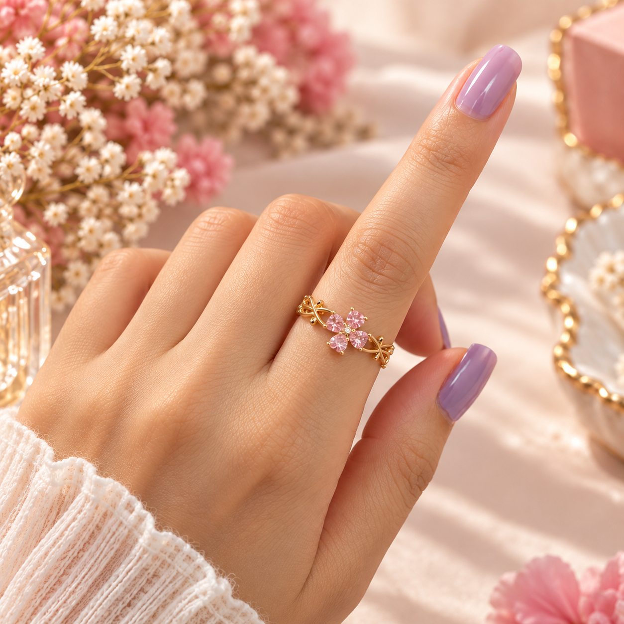 Pink Floral Anti-Tarnish Gold Ring