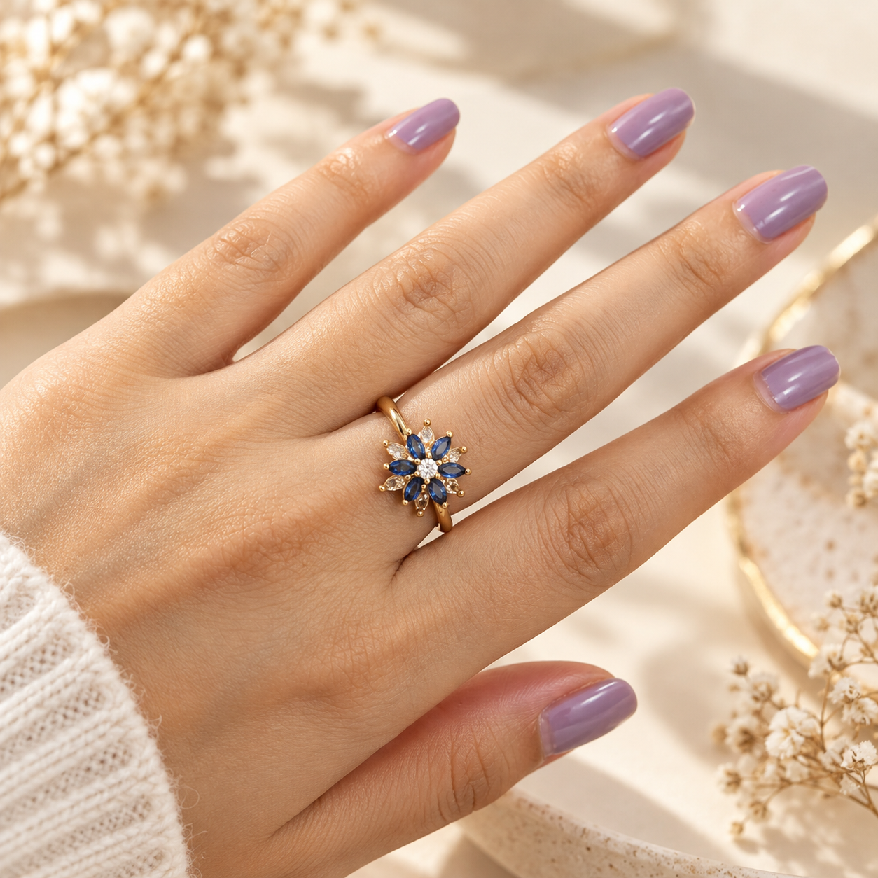 Blue Floral Anti-Tarnish Gold Ring