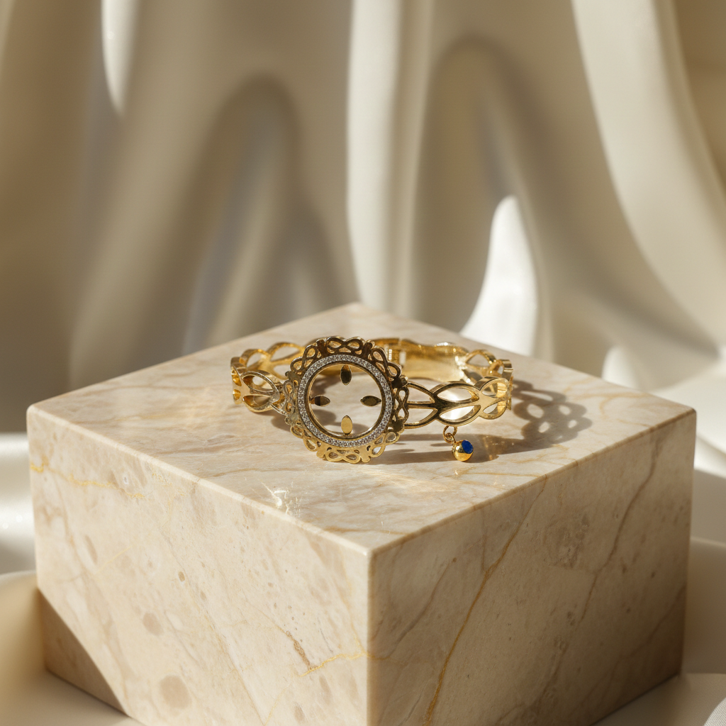 Golden Filigree Halo Bracelet with Blue Charm