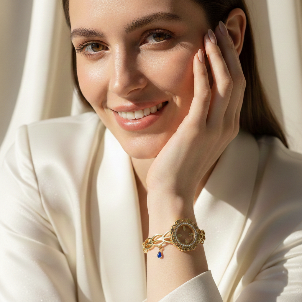 Golden Filigree Halo Bracelet with Blue Charm