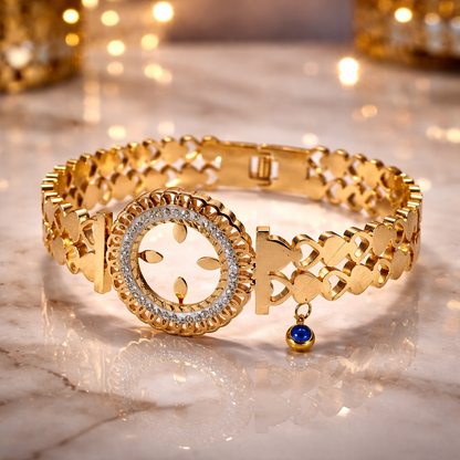 Golden Heart Link Halo Bracelet with Blue Charm