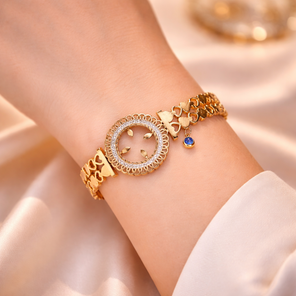 Golden Heart Link Halo Bracelet with Blue Charm