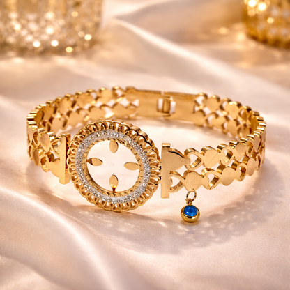 Golden Heart Link Halo Bracelet with Blue Charm
