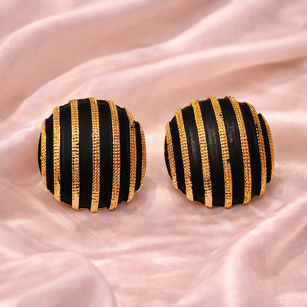 Golden Noir Stripe Dome Earrings