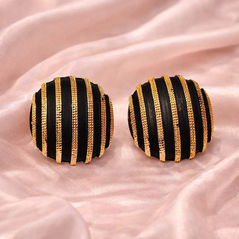 Golden Noir Stripe Dome Earrings