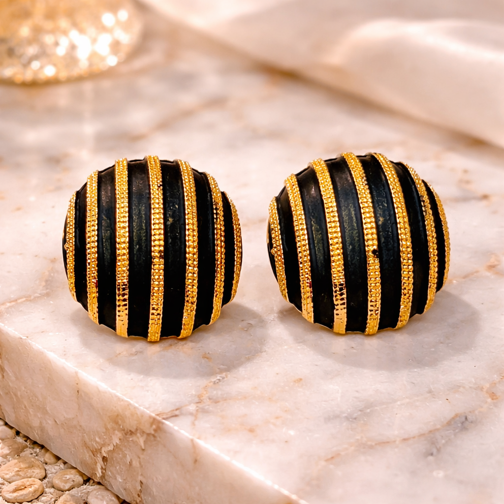 Golden Noir Stripe Dome Earrings