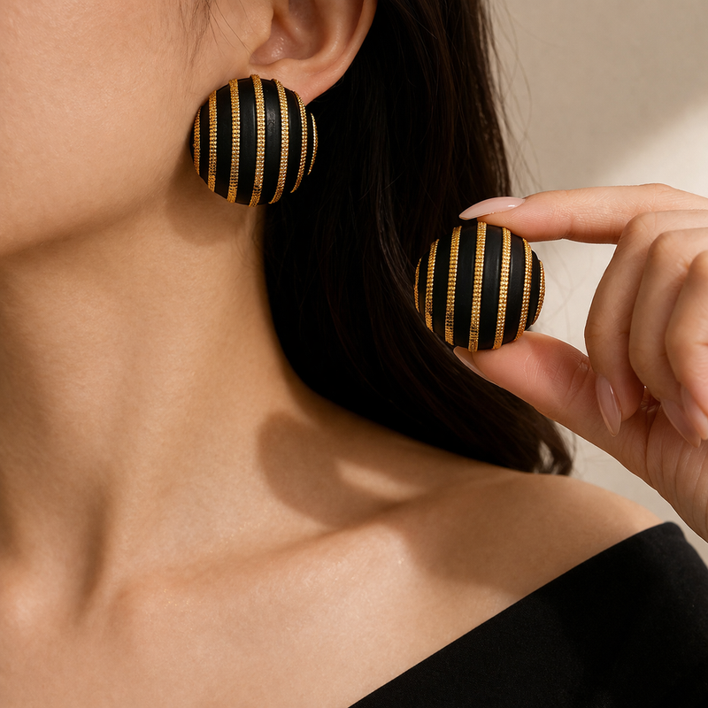 Golden Noir Stripe Dome Earrings
