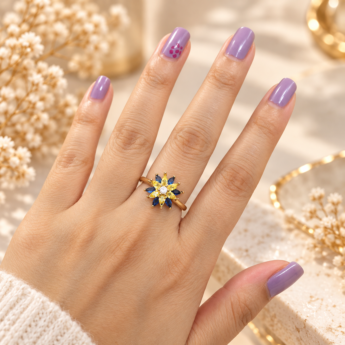 Blue & Yellow Floral Anti-Tarnish Gold Ring