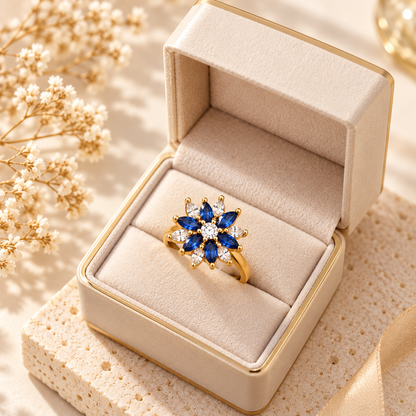 Blue Floral Anti-Tarnish Gold Ring