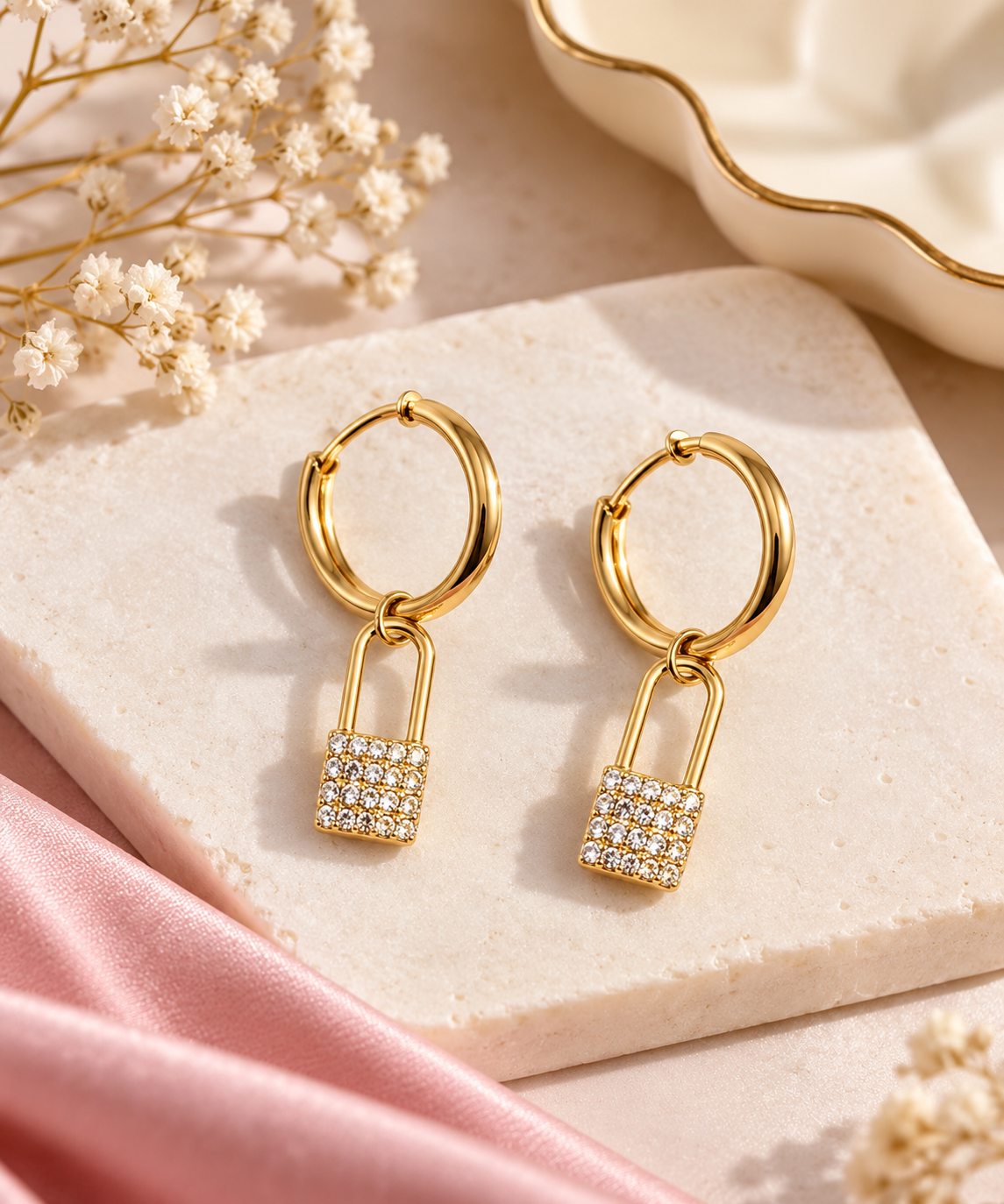 Golden Lock Charm Hoop Earrings