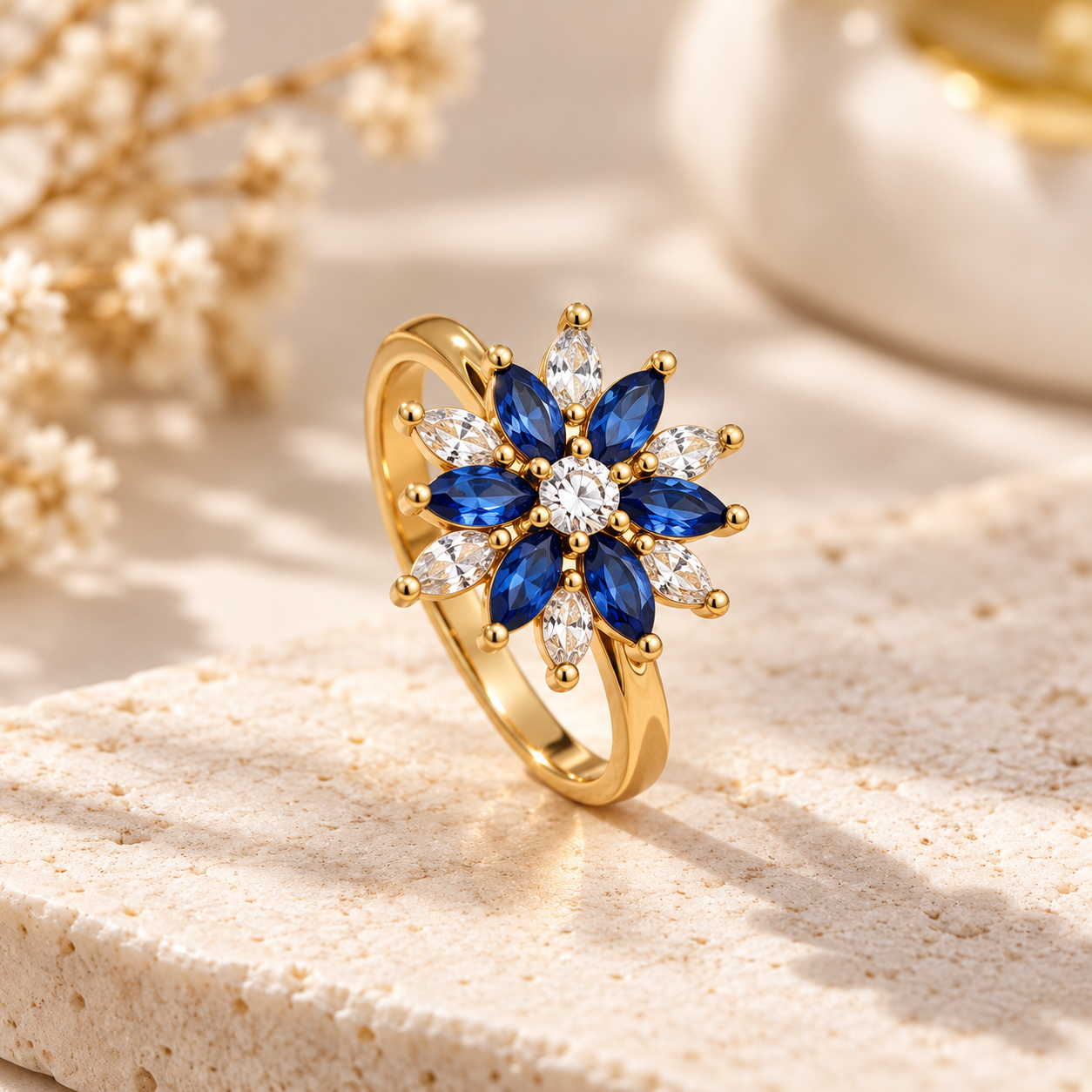 Blue Floral Anti-Tarnish Gold Ring
