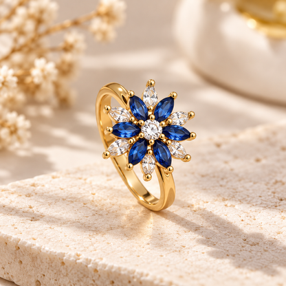 Blue Floral Anti-Tarnish Gold Ring