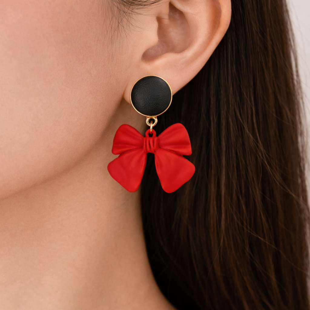 Scarlet Bow Charm Stud Earrings