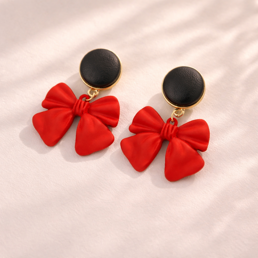 Scarlet Bow Charm Stud Earrings