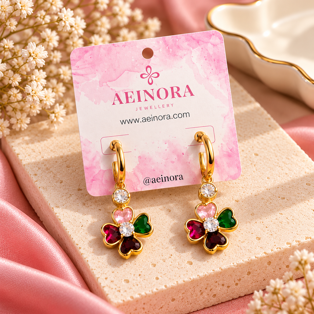 Multicolor Clover Charm Gold Hoop Earrings