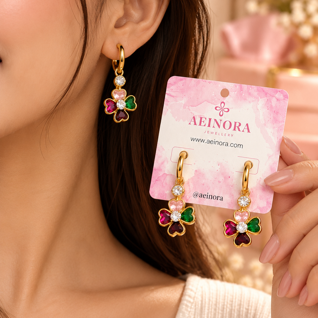 Multicolor Clover Charm Gold Hoop Earrings