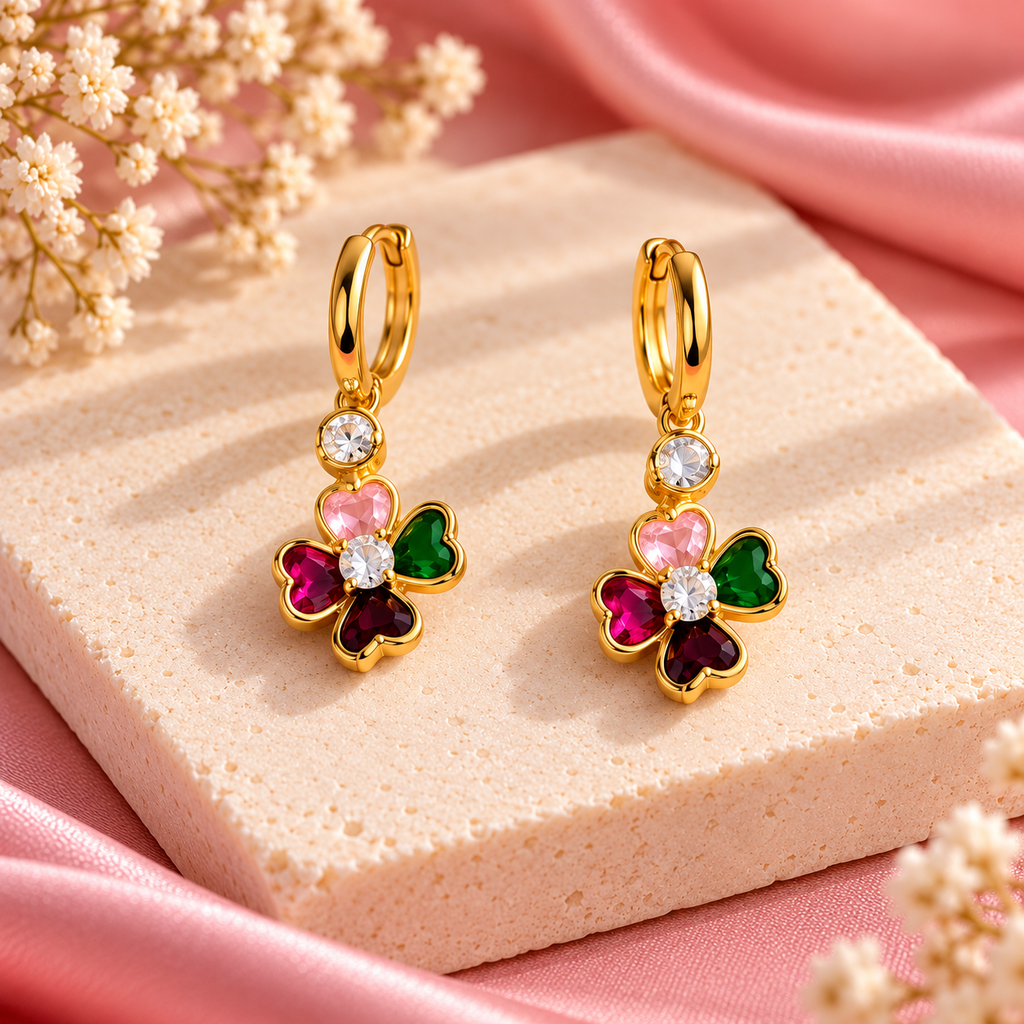 Multicolor Clover Charm Gold Hoop Earrings